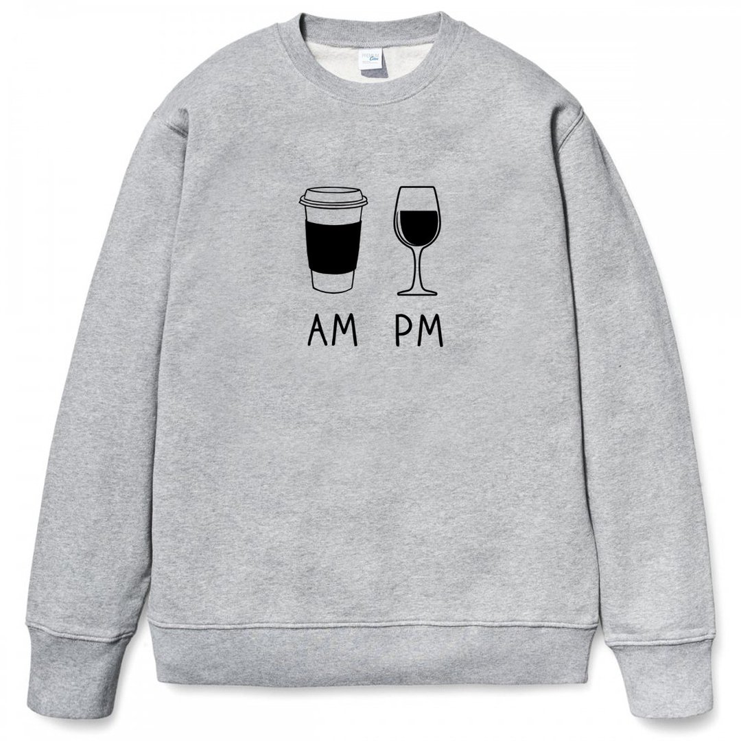 COFFEE AM WINE PM 大学T 刷毛 中性版 灰色 咖啡 酒 插画 礼物 - 男装上衣/T 恤 - 棉 灰色