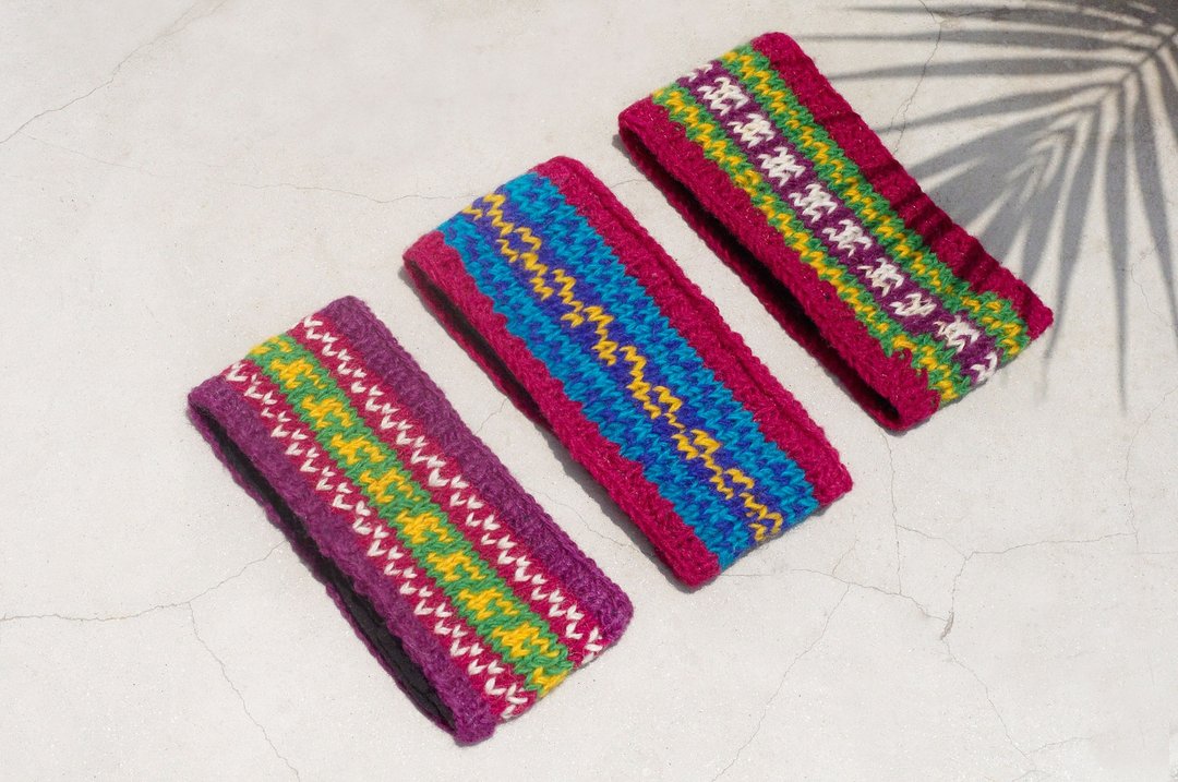 七夕礼物 限量手工 / 手工羊毛编织缤纷发带/ 纯羊毛编织发带 / boho headband / 花朵钩织发带 / 内刷毛发带 / 针织发带 - 南美鲜艳色系条纹 - 发饰 - 羊毛 多色