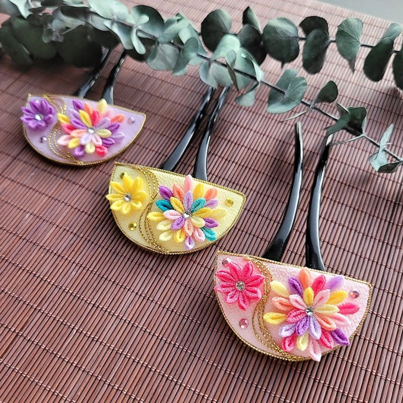 【つまみ细工】烟花半扇簪|日式布花|和风配饰|七彩 - 发饰 - 其他人造纤维 紫色