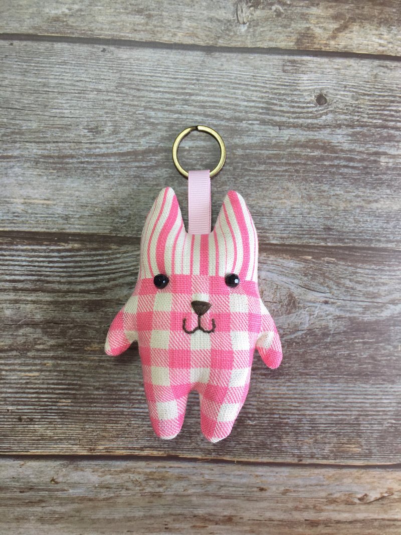 +直条帽格纹+猫咪钥匙圈 - 吊饰 - 棉．麻 粉红色