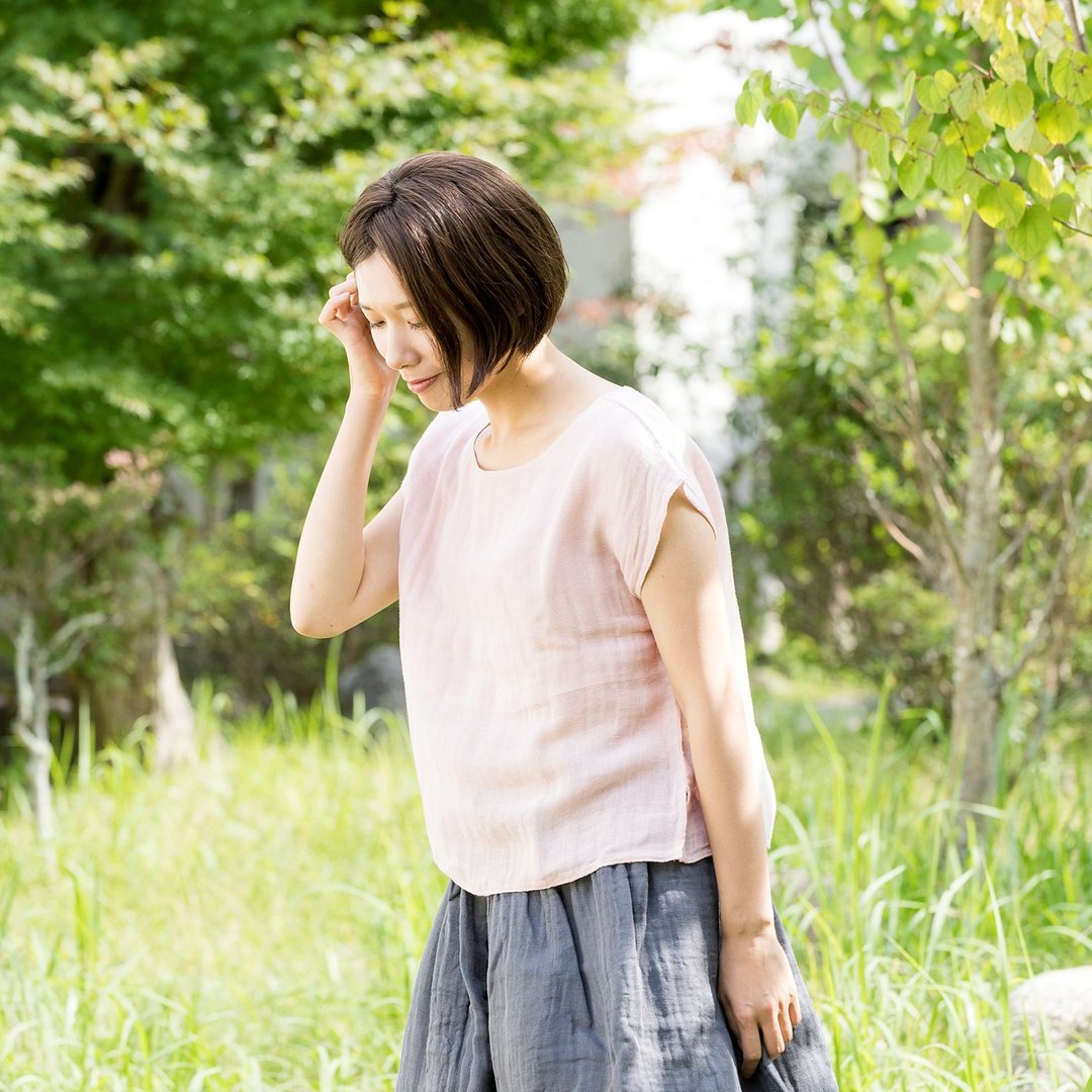 BAN INOUE Light pink SAKURA french sleeve pullover mosquito net 100% cotton - 女装上衣 - 棉 粉红色