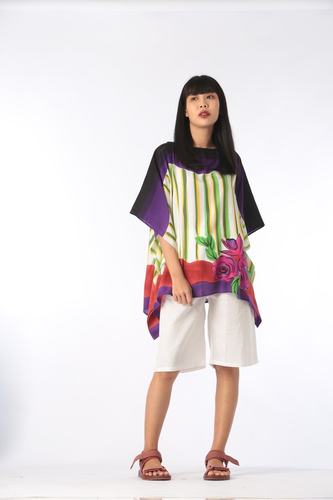 Poncho Blouse Cotton Silk Hand Painted for Summer resort vac - 女装上衣 - 棉．麻 紫色