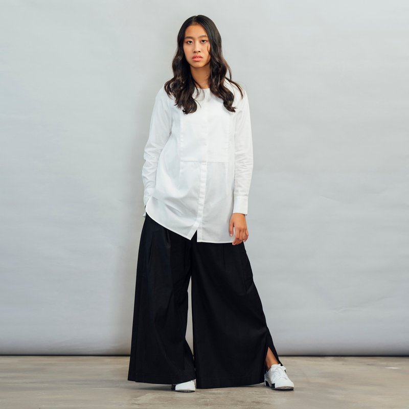 白色圆领长版衬衫 - 女装上衣 - 棉．麻 白色