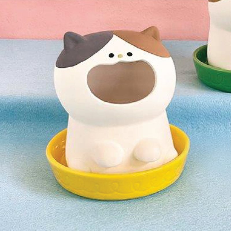 日本Decole 自然气化加湿器 - 湿润等待喝水的三色猫 - 摆饰 - 陶 卡其色