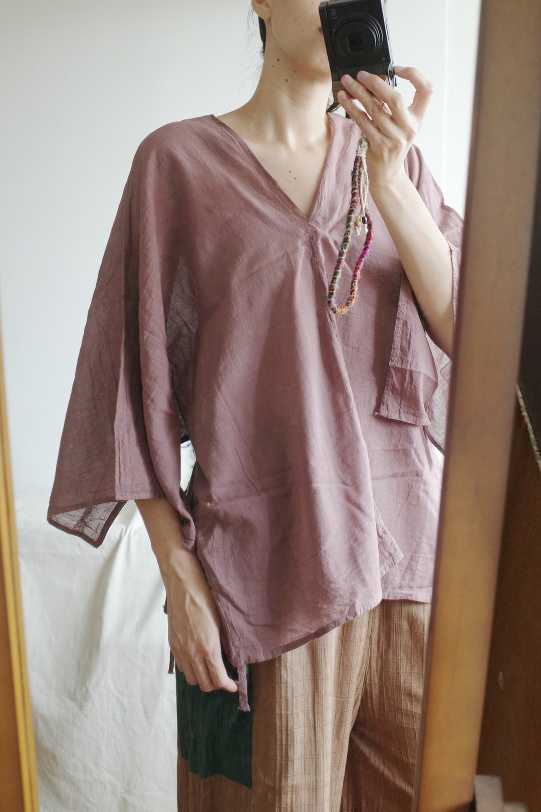 泰国纯棉侧边绑带宽袖上衣 藕色 - 女装上衣 - 棉 