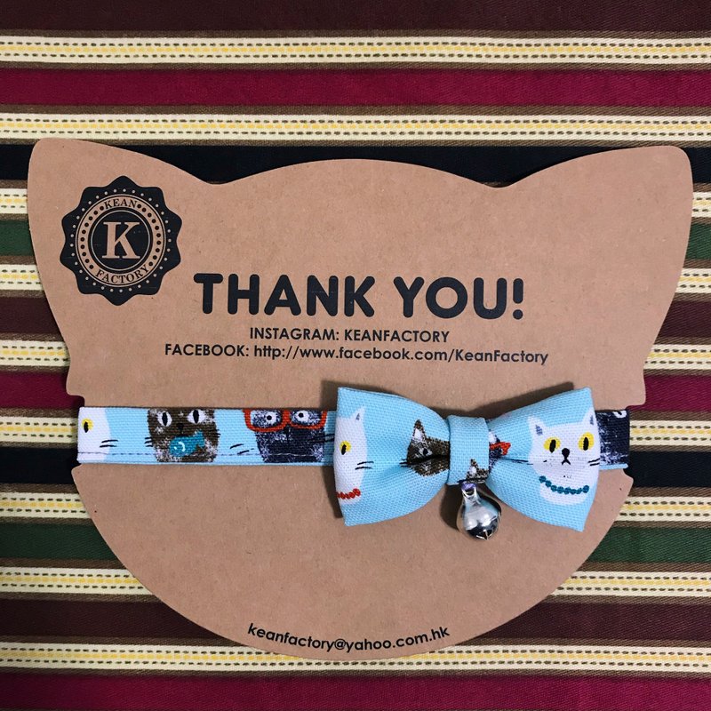 猫咪图案蝴蝶结项圈 粉蓝色 - 项圈/牵绳 - 棉．麻 蓝色