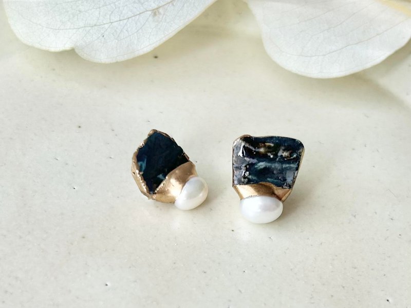 【可选五金】萩烧 金继 耳针/耳夹 深蓝色 淡水珍珠 天然石 传统工艺 No.190 - 耳环/耳夹 - 陶 蓝色