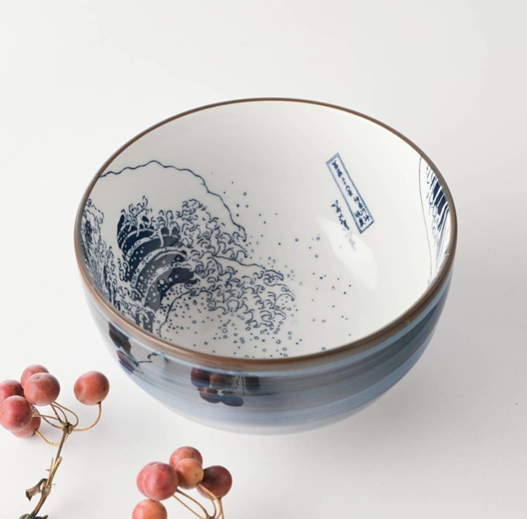 美浓烧-北斋神奈川冲浪里大碗12.8cm - 碗 - 瓷 蓝色