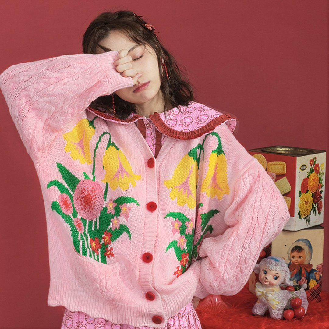 粉色提花花朵口袋针织宽松少女毛衣纽扣v领开衫 - 女装上衣 - 其他材质 多色