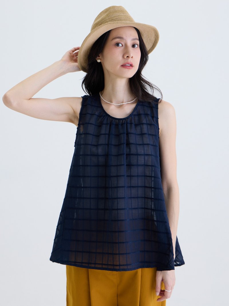 格境之间无袖开展上衣-靛光蓝 - 女装背心 - 棉．麻 蓝色
