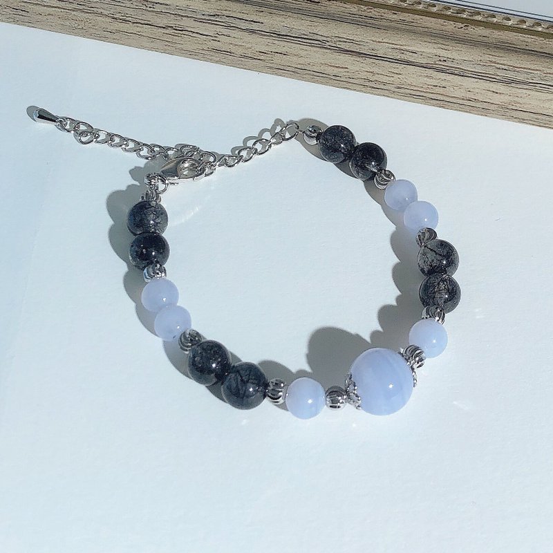 黑髪晶 蓝纹玛瑙 水晶手链 天然石 生日礼物  姊妹礼 - 手链/手环 - 水晶 蓝色