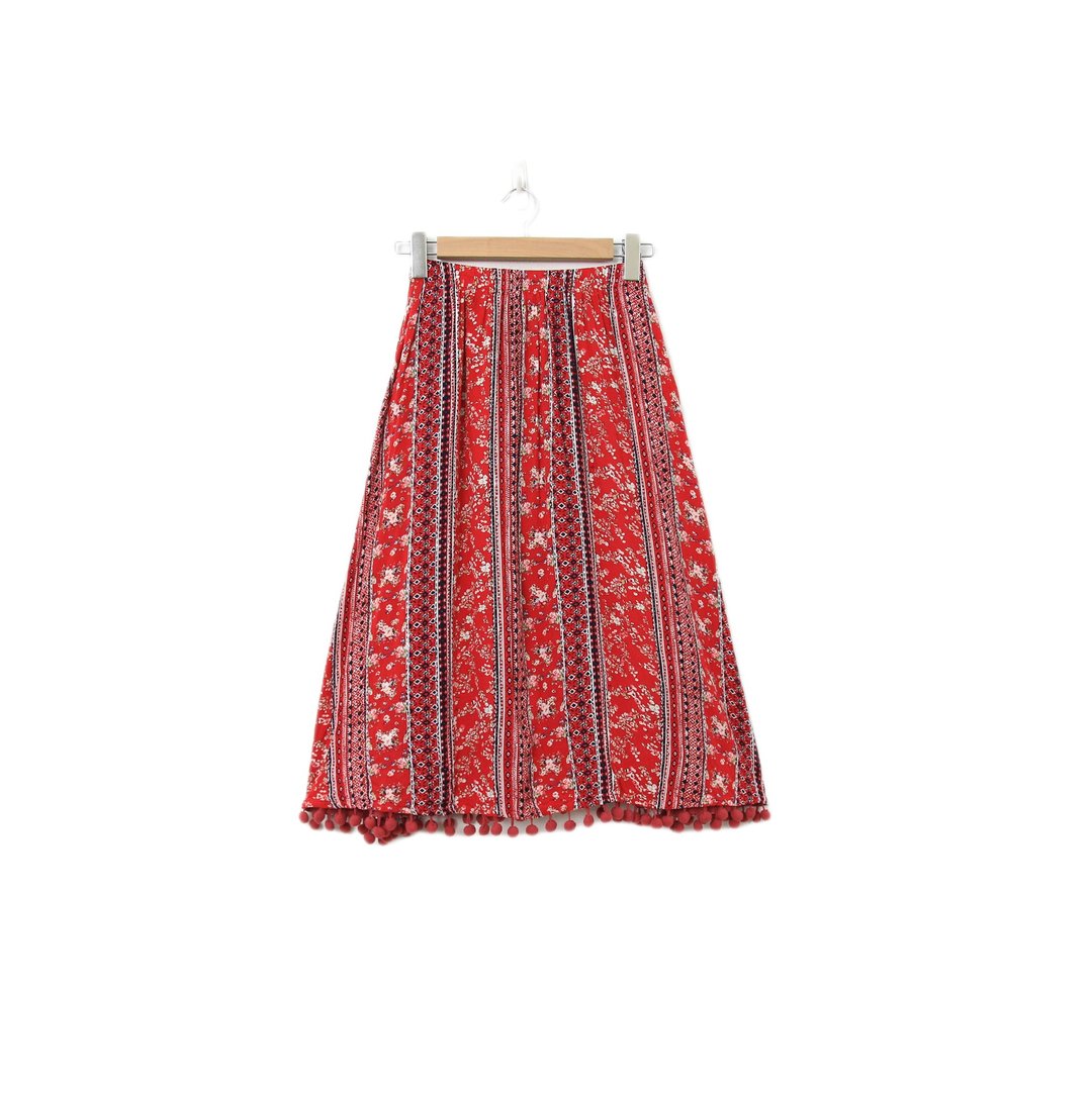 Back to Green-复古长裙 民族花纹 毛球流苏M-11//vintage skirt - 裙子 - 棉 