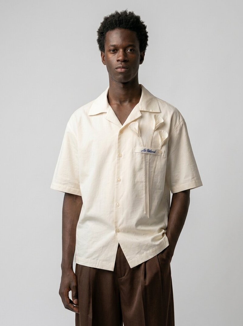 LA ISLAND  职人手作 马蹄莲立体刺绣 纯棉古巴领衬衫 - 男装衬衫 - 棉．麻 白色