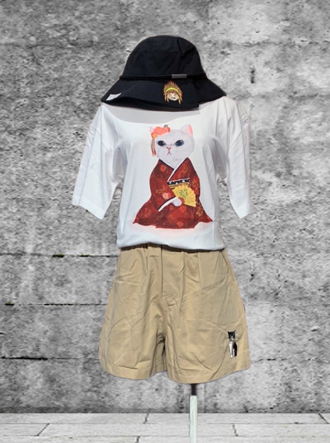3猫小铺猫咪插画喷印棉T(男/女可穿)-日本猫 - 中性连帽卫衣/T 恤 - 棉 
