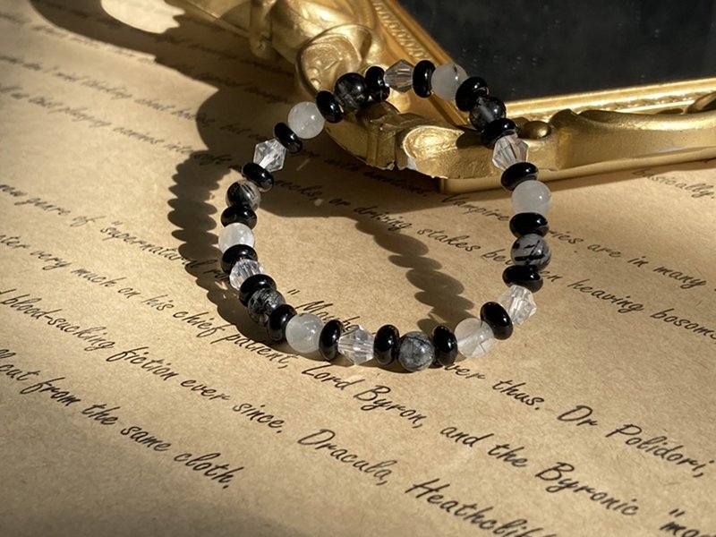 【黑白落棋。手串】黑发晶、黑曜石|男生手链、中性手链 - 手链/手环 - 其他材质 黑色