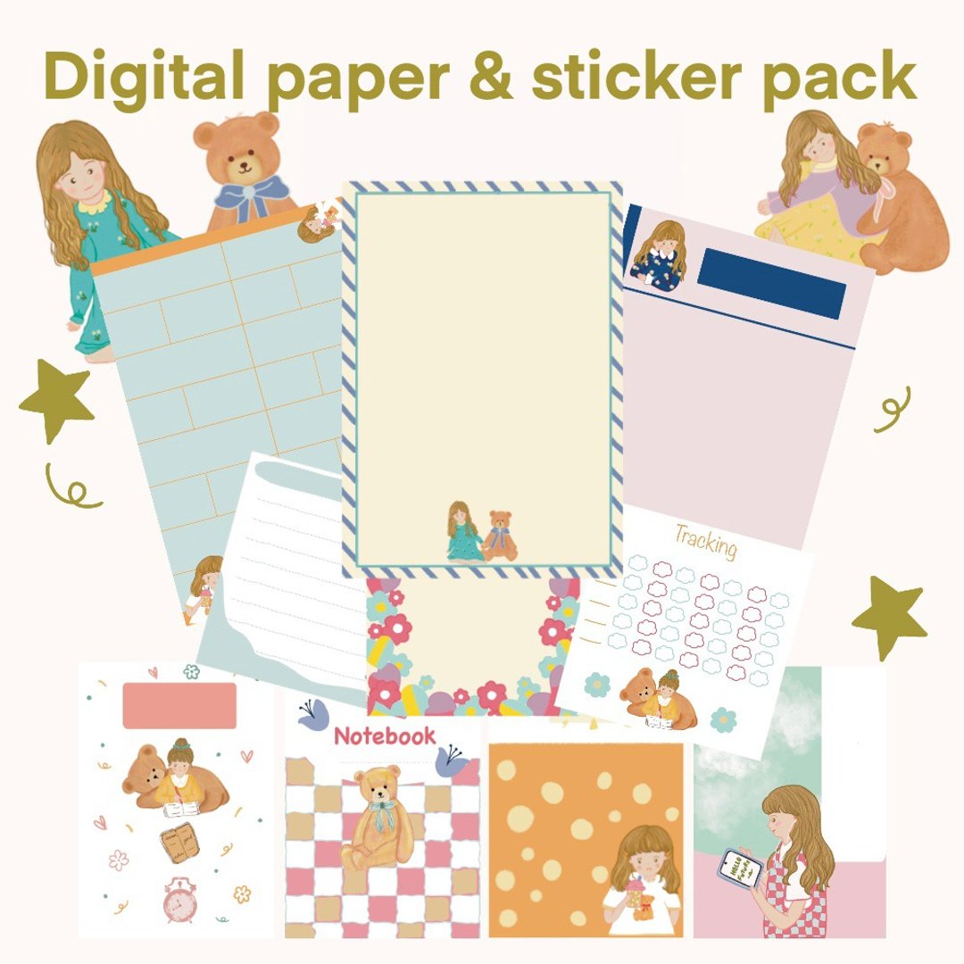 Girl & teddy dream digital paper & sticker pack - 电脑手机桌布/贴图/App 图示 - 其他材质 