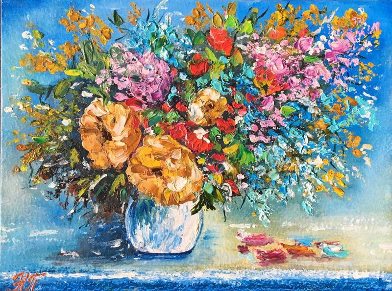 Oil painting Postcard Bouquet of flowers oil cardboard palette knife - 墙贴/壁贴 - 其他材质 多色
