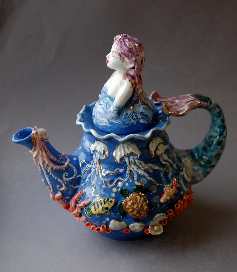 Blue art teapot Mermaid figurine Fish,seashells,sea turtle relief Porcelain art - 茶具/茶杯 - 瓷 多色