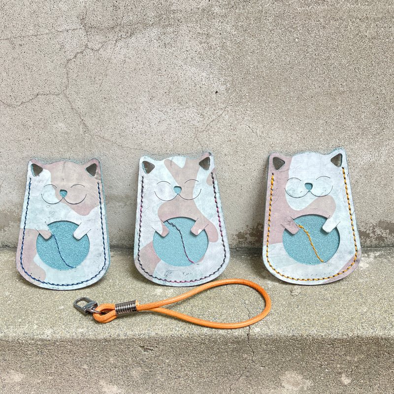 意大利雾蜡迷彩经典牛皮猫咪卡套 爵士蓝猫  猫奴 生日礼物 - 证件套/卡套 - 真皮 蓝色