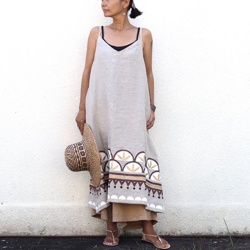 木版印刷 印花 亚麻 细肩带洋装 - 洋装/连衣裙 - 棉．麻 白色
