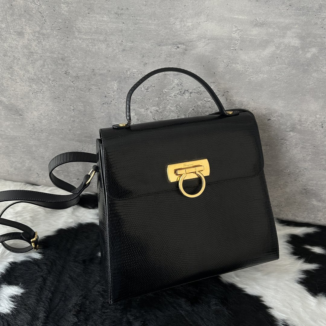 Ferragamo 菲拉格慕 蜥蜴皮 Kelly 包 - 侧背包/斜挎包 - 真皮 黑色