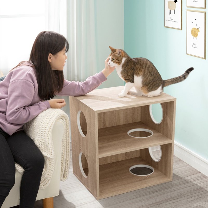 洞洞穿越双层柜-实木猫跳台 猫柜 猫玩具 - 抓板/跳台 - 木头 卡其色