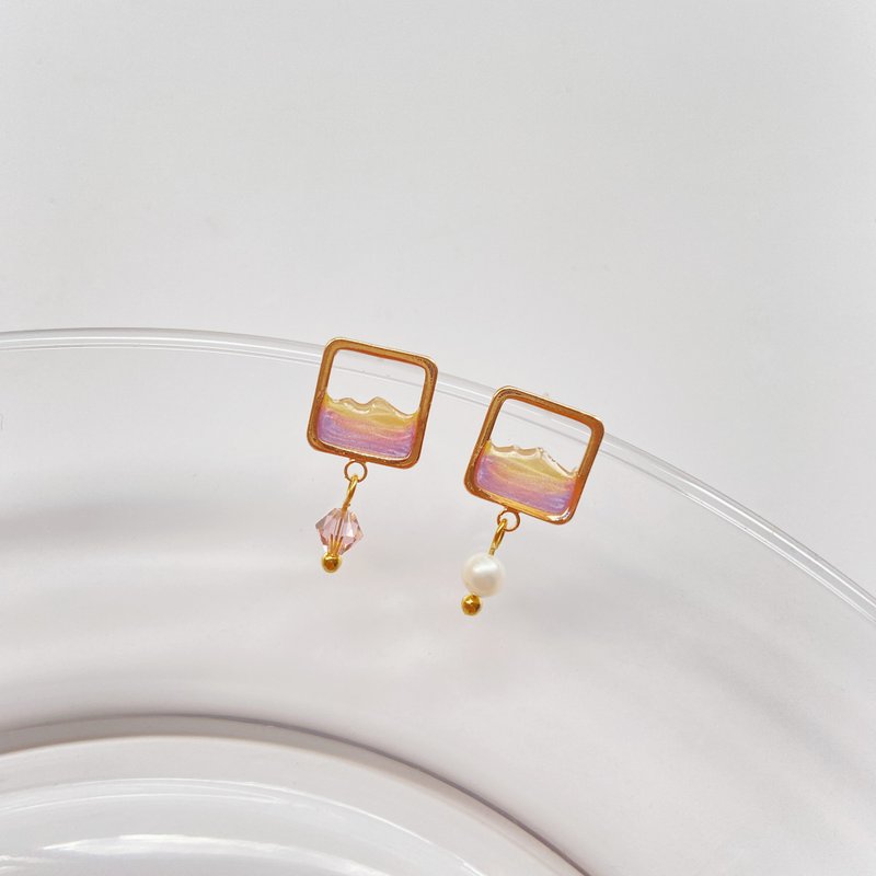 日出系列 | 日出微光  925银针 可改耳夹 - 耳环/耳夹 - 树脂 粉红色