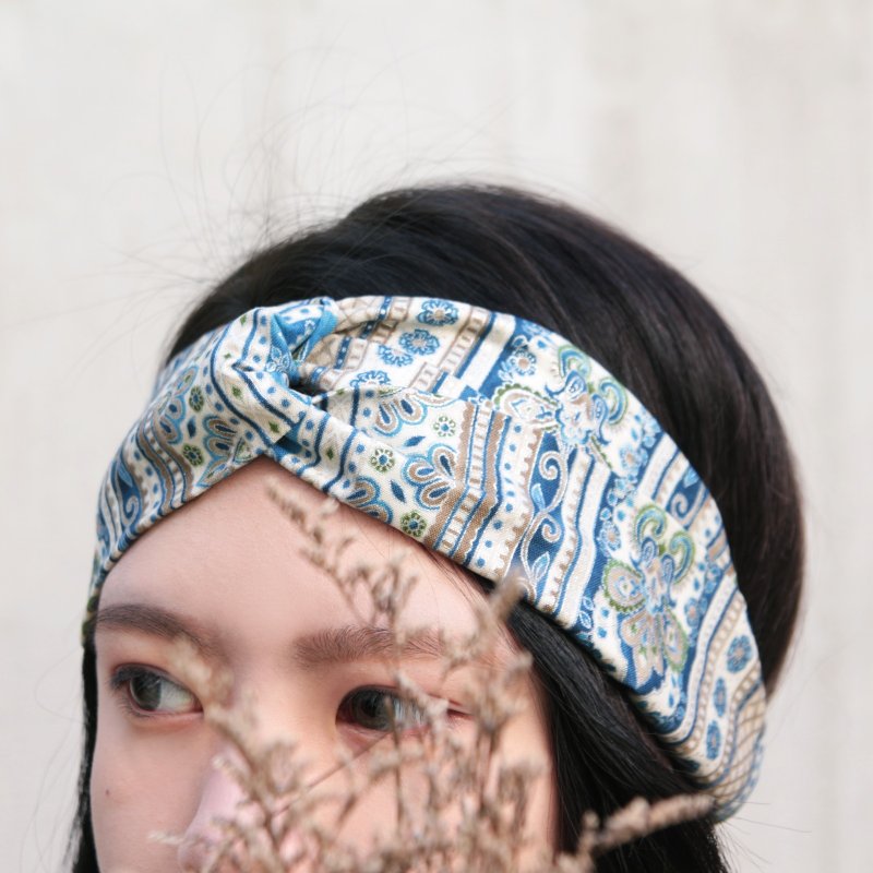 印度图腾 美国烫银微挺布 手工十字松紧发带 - 发饰 - 棉．麻 蓝色