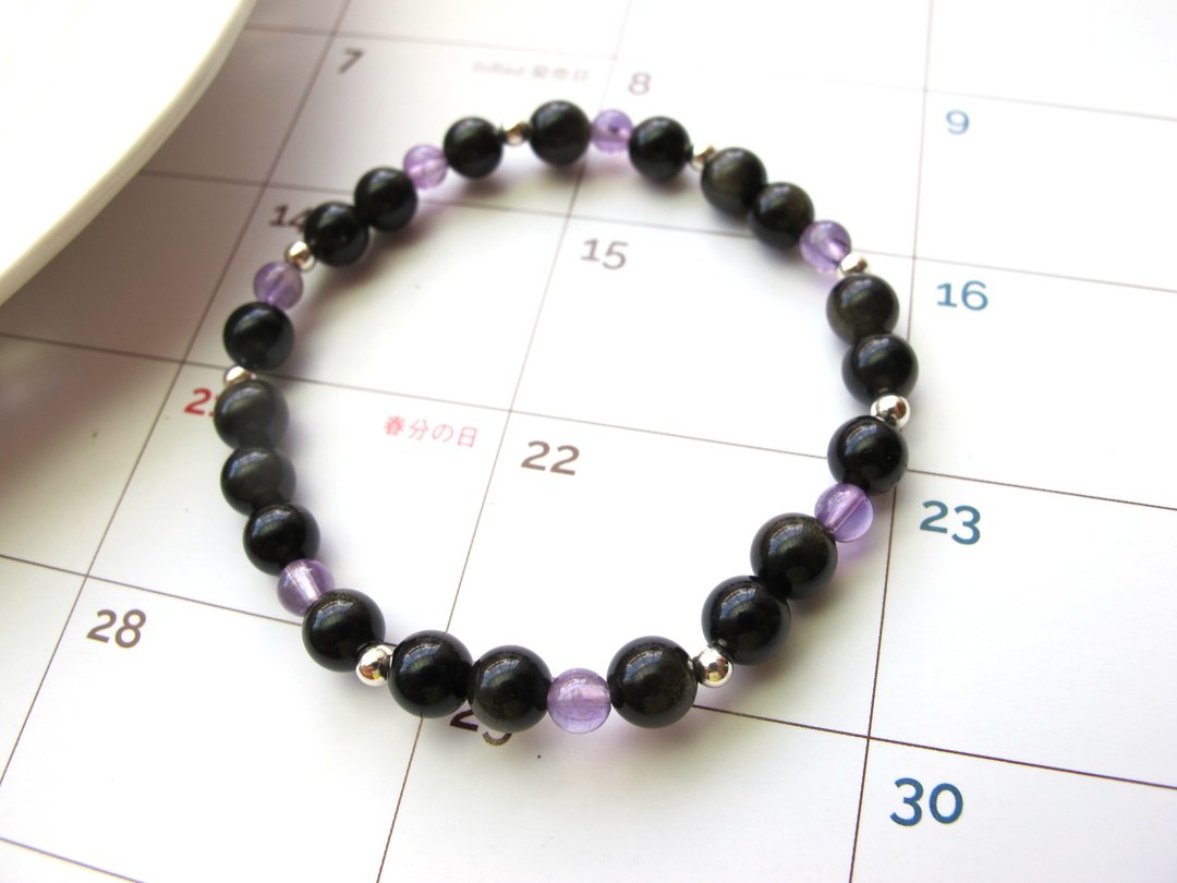 金曜石 紫水晶 925纯银【金沙】金眼黑曜石 防小人避邪 - 手链/手环 - 水晶 黑色