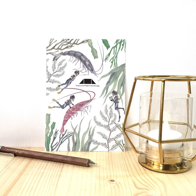 虾插画明信片-弯弯顺跃然纸上系列 - 卡片/明信片 - 纸 绿色