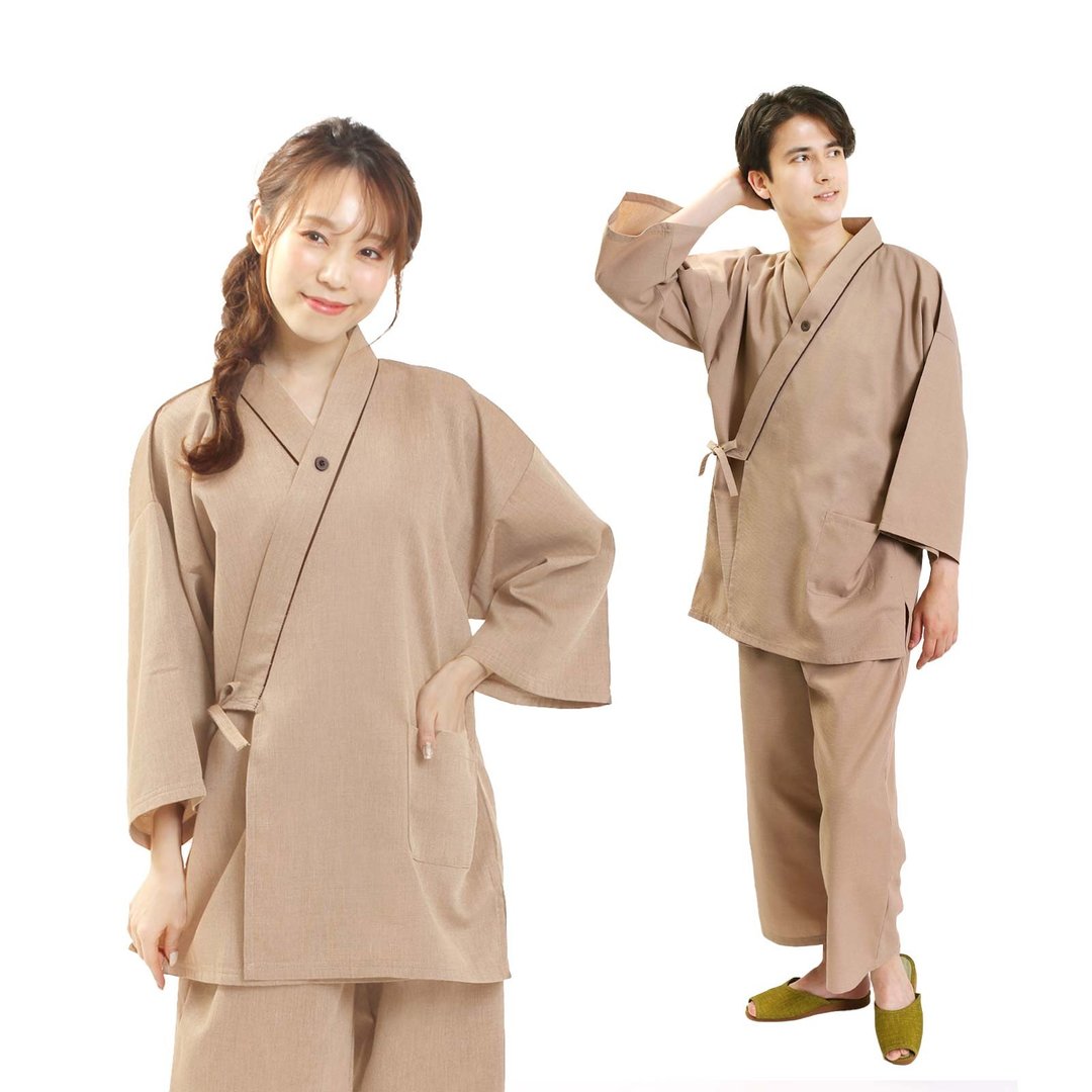 日本 和服 男女兼用 作务衣 套装 日式 室内服 甚平 睡衣 M L - 女装上衣 - 其他材质 咖啡色