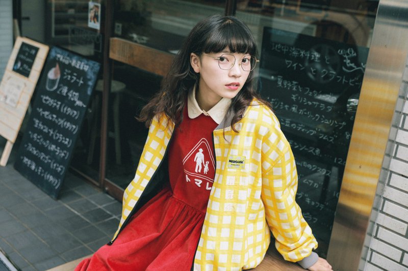 Meugler牛稠岛【牛稠交通局】交警黄格子黑色纯棉两面穿厚外套 - 女装休闲/机能外套 - 棉．麻 黄色