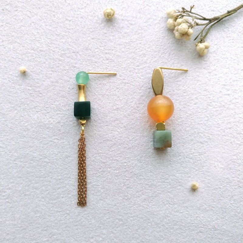 e032-绝配1-黄铜玛瑙不对称 针式/夹式耳环 - 耳环/耳夹 - 宝石 绿色