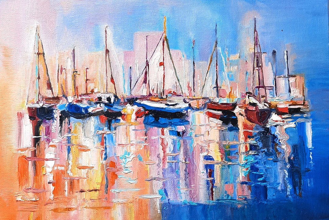 Sailboat  Painting Original Art Oil Painting  Wall Decor - 墙贴/壁贴 - 其他材质 蓝色