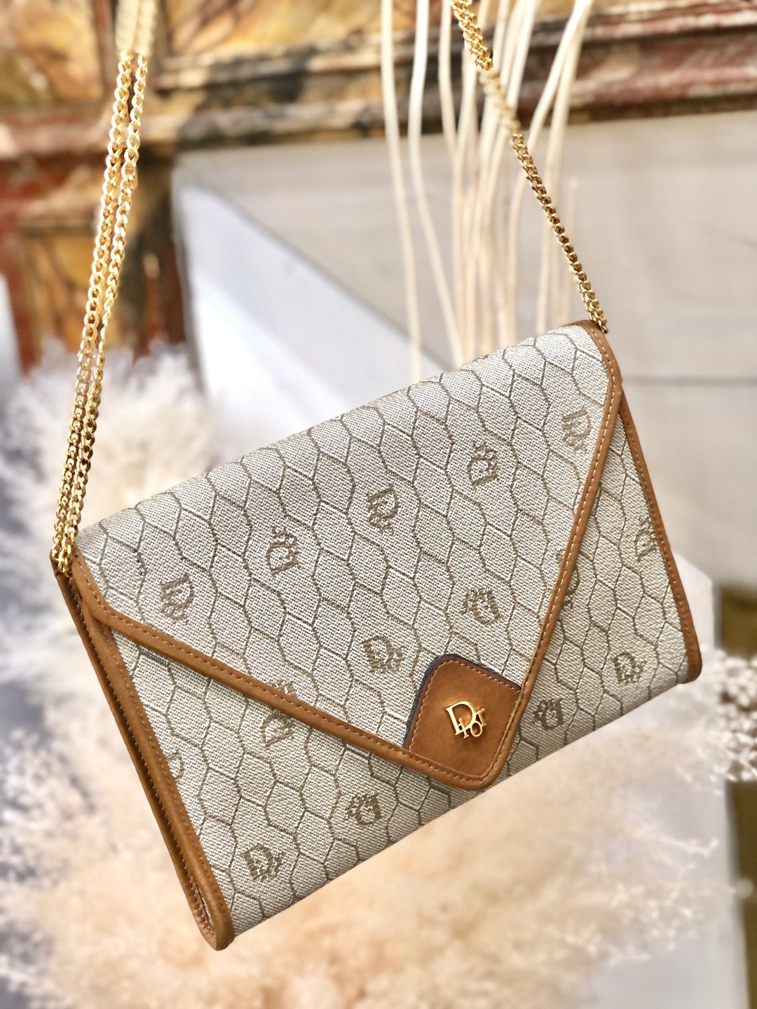 [Japan direct shipment name card used package] Christian Dior honeycomb pattern Dior chain flap mini bag shoulder bag 4zic2c - 侧背包/斜挎包 - 真皮 咖啡色