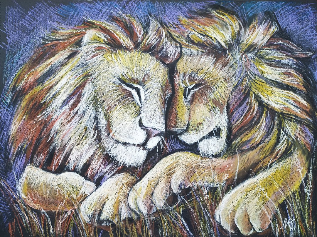 Love. Portrait of beautiful lions painting oil pastel original art realism - 墙贴/壁贴 - 纸 咖啡色