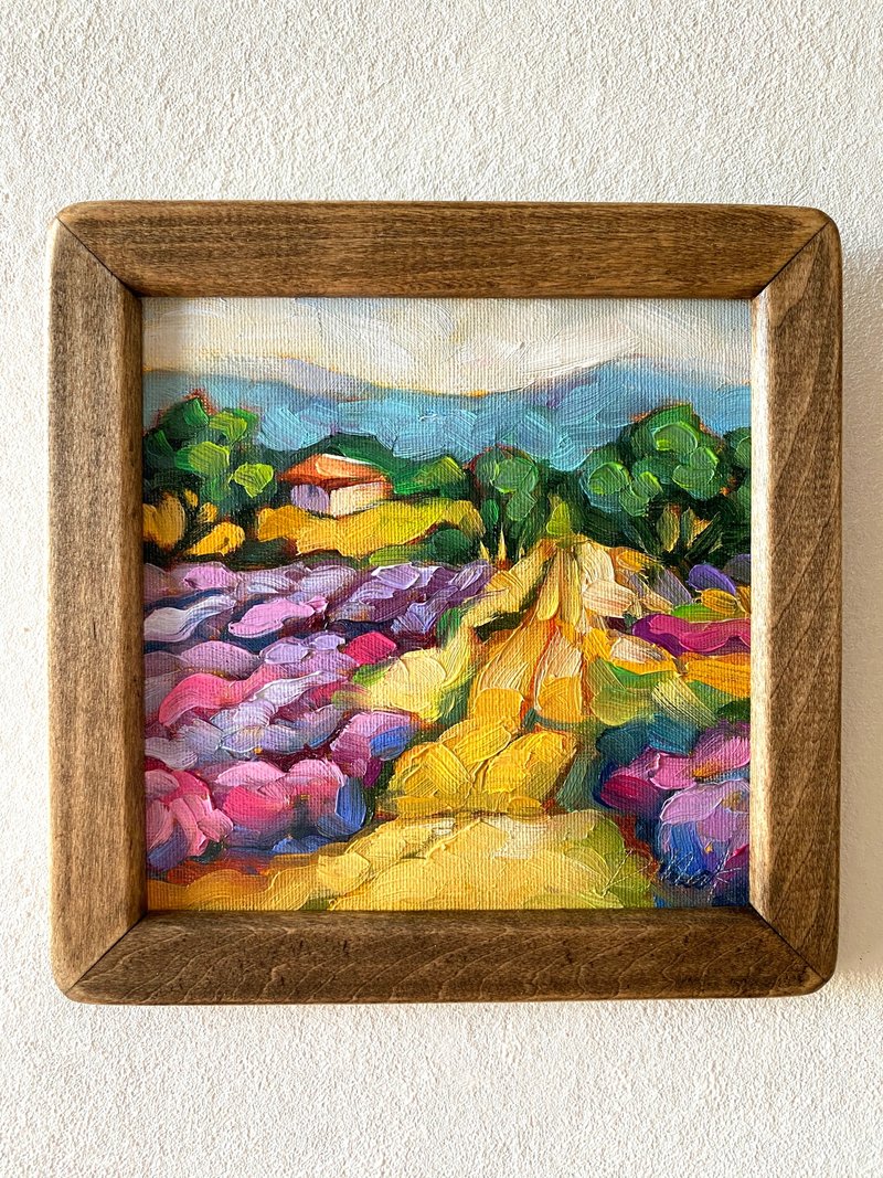 薰衣草田绘画托斯卡纳原创艺术风景油画厚涂小幅艺术品 8x8 托斯 - 墙贴/壁贴 - 木头 