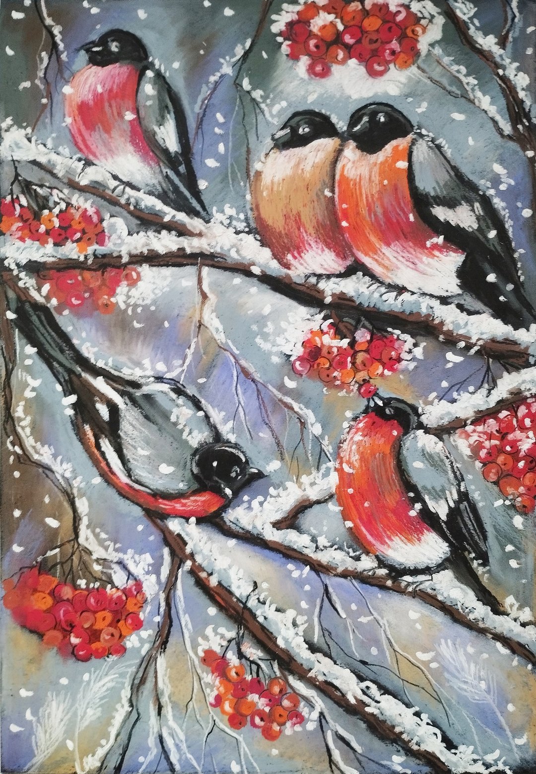 冬季鸟类红腹灰雀油画棒艺术绘画降雪动物绘画图形 - 墙贴/壁贴 - 纸 蓝色