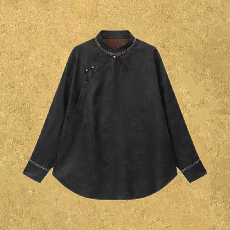 復古老錢風黑色小衫 / 香雲紗中國風設計 / 竹襟雪系列寬鬆上衣 - 女装上衣 - 丝．绢 黑色