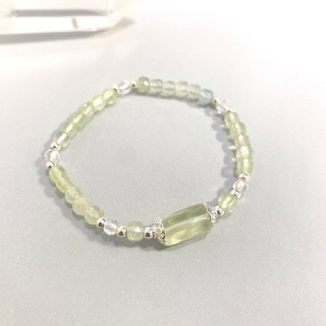 Ops Prehnite Sliver Bead -葡萄石/纯银/白水晶/疗愈/浅绿/心轮 - 手链/手环 - 纯银 绿色