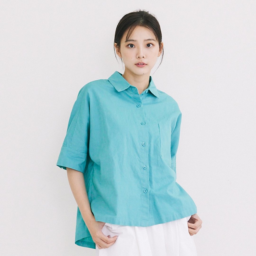 棉麻修身衬衫 蓝绿F - 女装上衣 - 棉．麻 蓝色