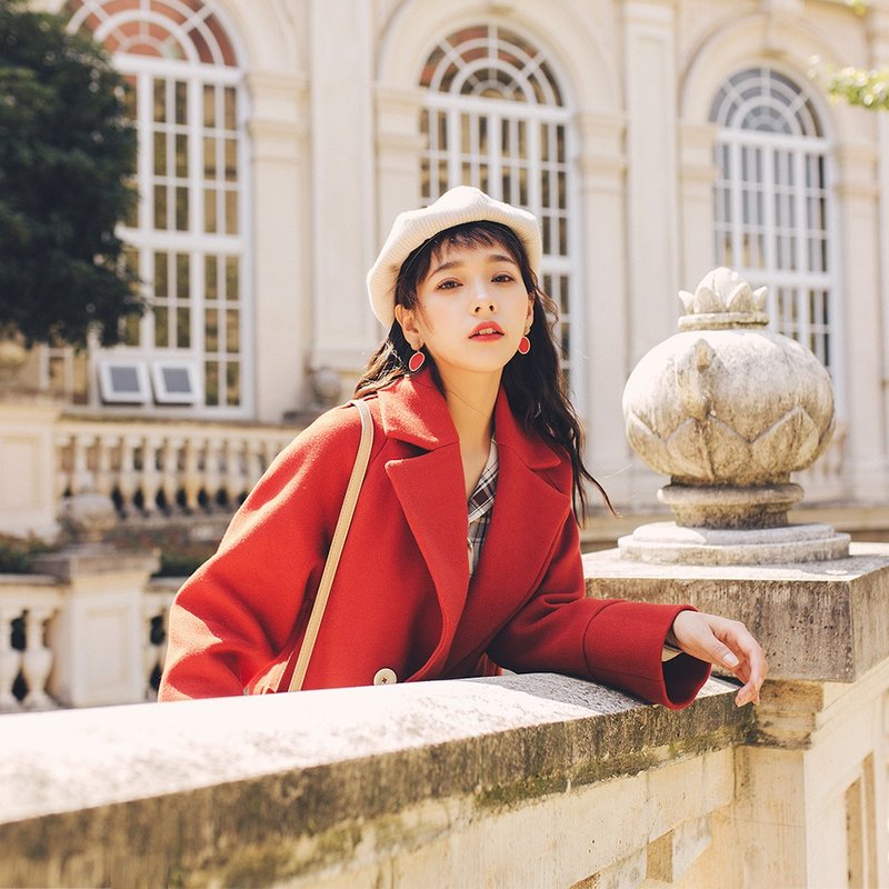 【全场特价】2018女士新品插肩袖双排扣短款呢外套 YTD8824 - 女装休闲/机能外套 - 聚酯纤维 红色