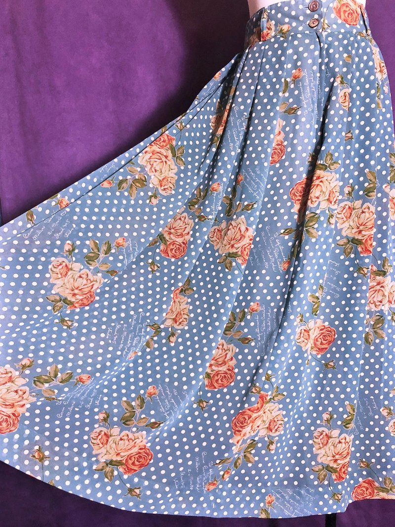 点点花朵手写字大裙摆古着裙/ 国外带回 VINTAGE - 裙子 - 聚酯纤维 蓝色