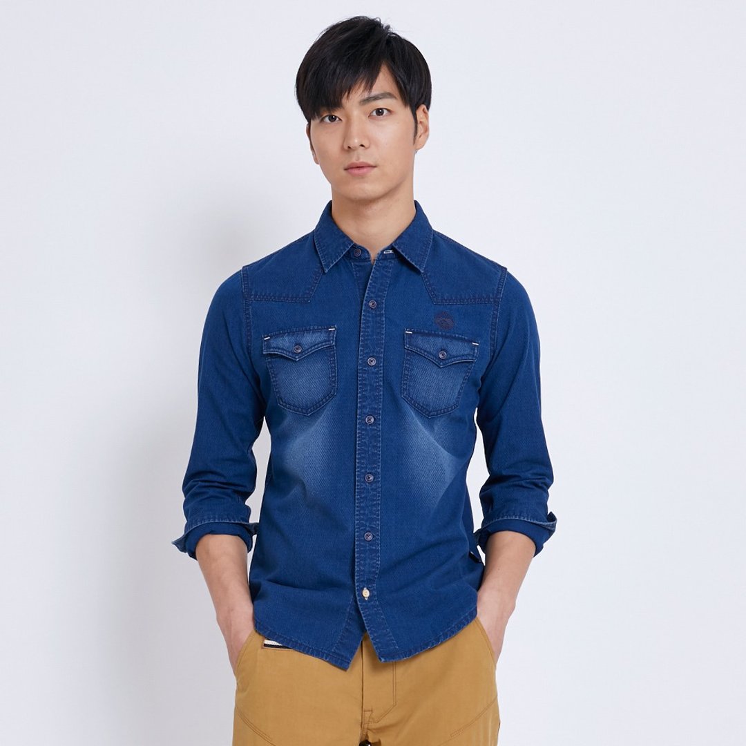 江户胜 日系 立体织纹 丹宁牛仔衬衫-男装 (中古蓝) #上衣 - 男装衬衫 - 棉．麻 蓝色