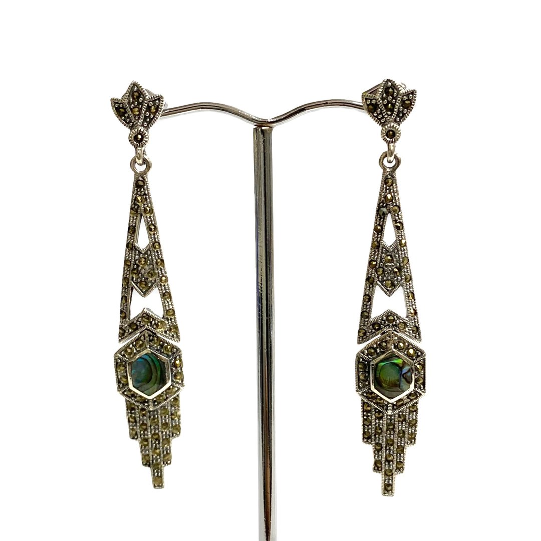Art Deco Style Paua Shell and Marcasite Set Pendant Earrings 925 Sterling Silver - 耳环/耳夹 - 纯银 银色