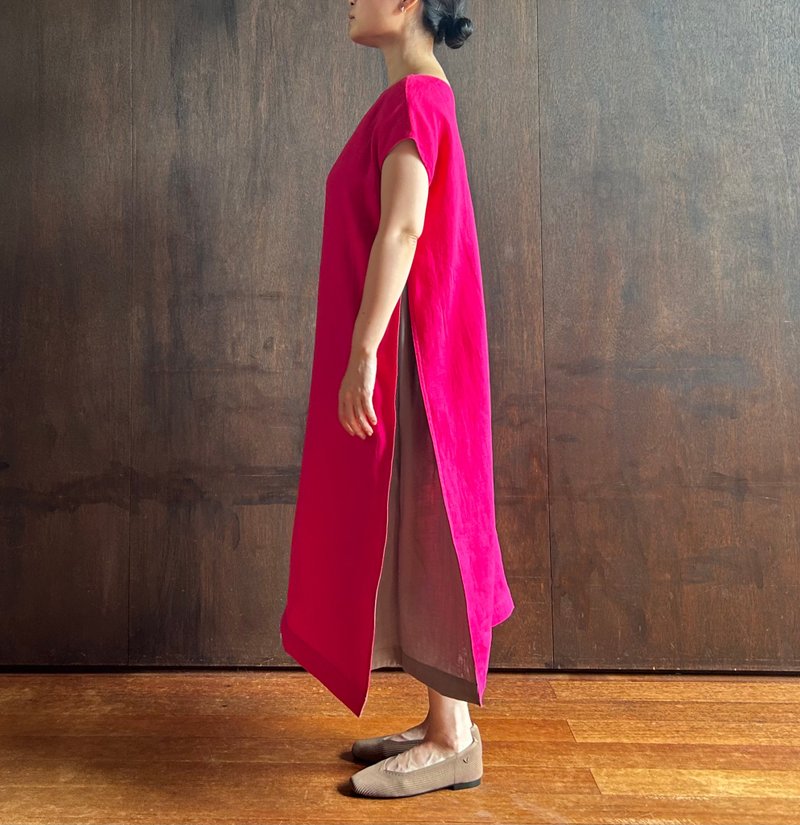 法式袖拼接洋装 九重葛/浅棕色 - 洋装/连衣裙 - 棉．麻 红色