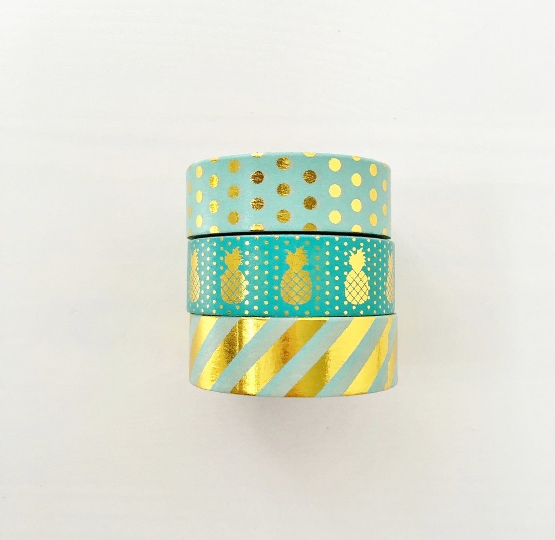 Set of 3 Mint Green Gold Foil Washi Tape - 纸胶带 - 纸 