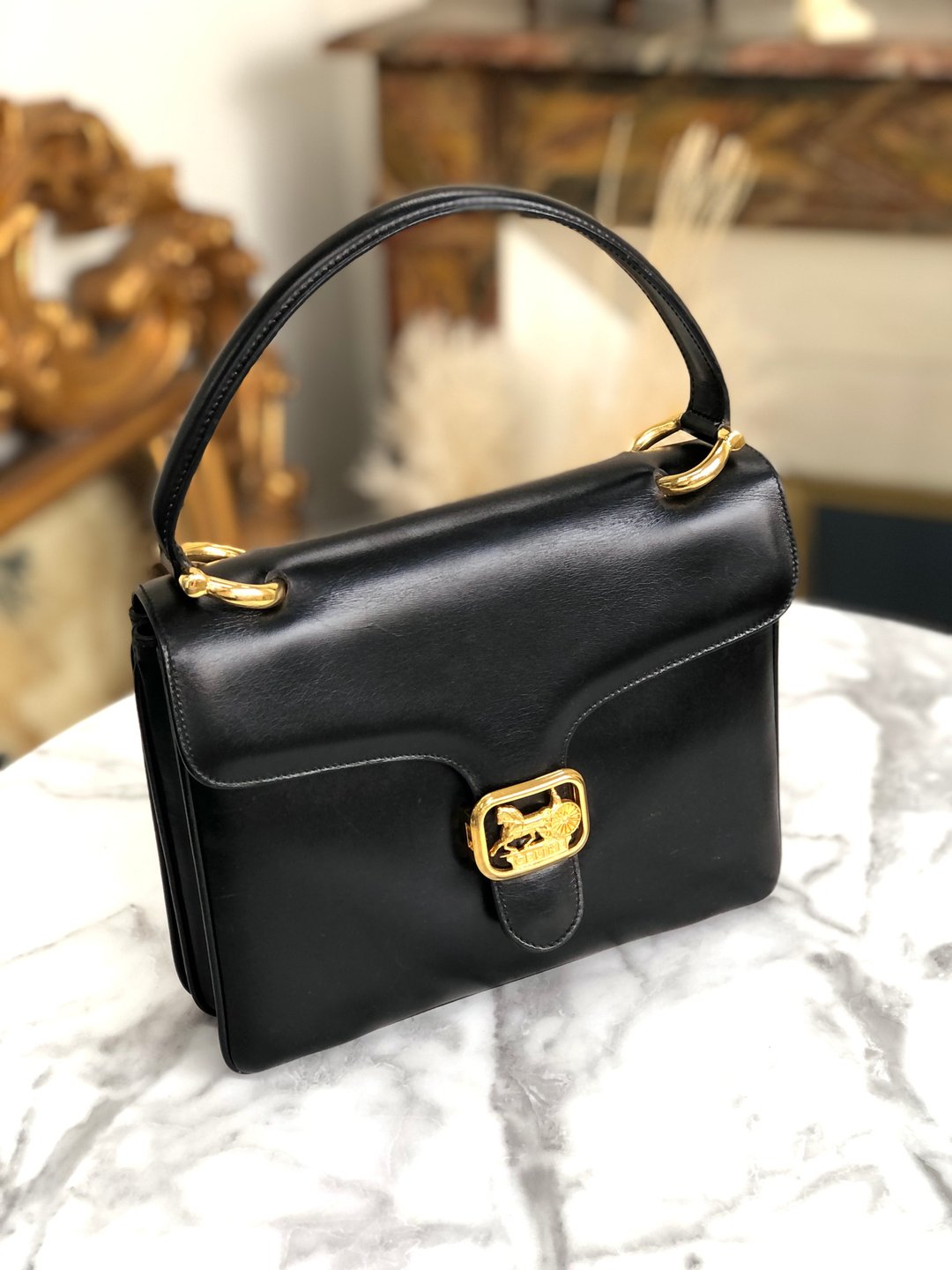 [Japan direct delivery name plate used package] CELINE Celine horse carriage horse carriage top handle handbag black vintage - 手提包/手提袋 - 真皮 黑色