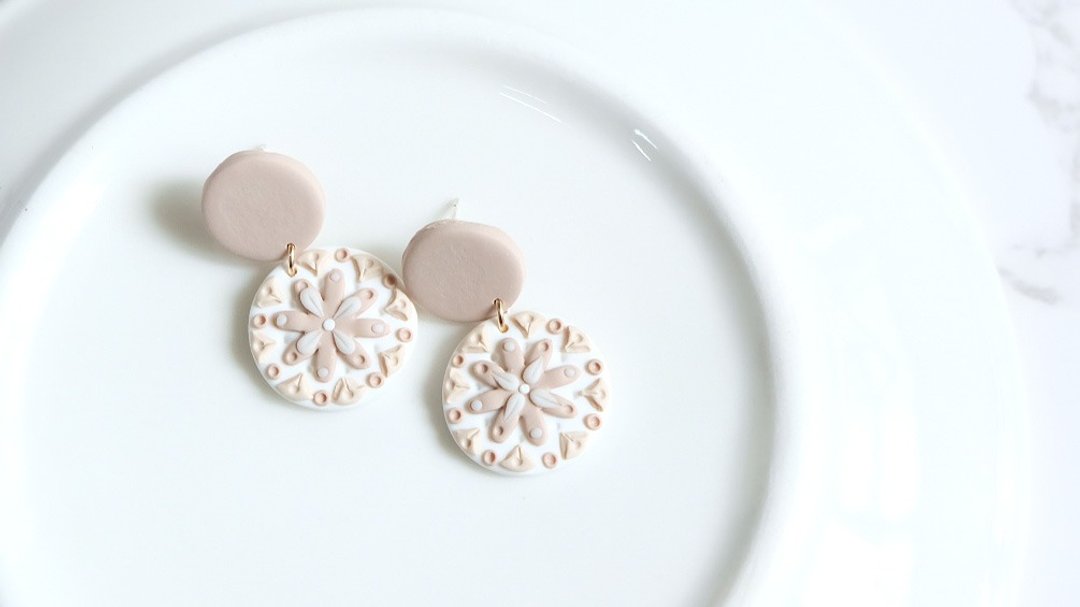 瓷砖图案手工软陶耳环 耳夹 || What The tile || Polymer Clay - 耳环/耳夹 - 陶 卡其色