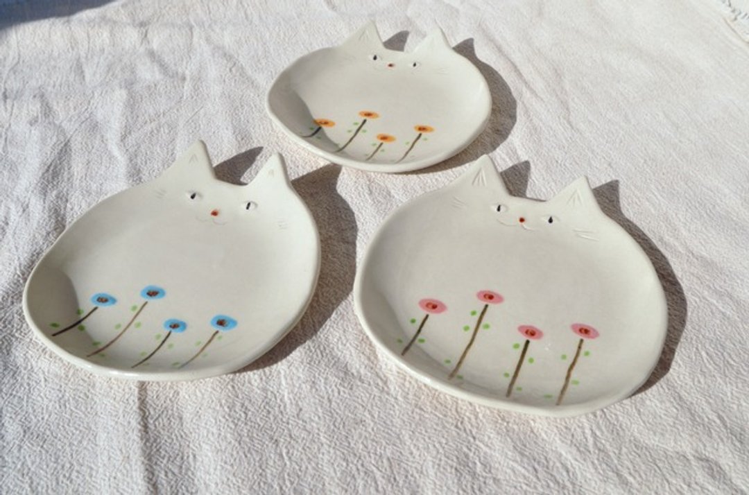 Cat dish -flower's- - 盘子/餐盘/盘架 - 陶 白色